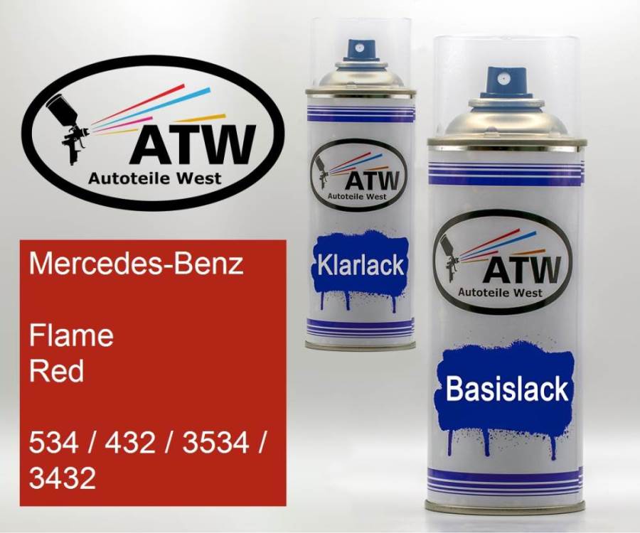 Mercedes-Benz, Flame Red, 534 / 432 / 3534 / 3432: 400ml Sprühdose + 400ml Klarlack - Set, von ATW Autoteile West.